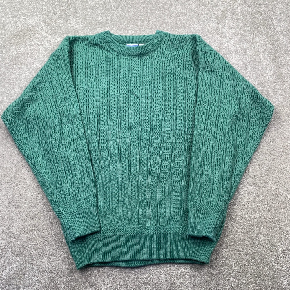 Todays News Sweater Mens Large Green Vintage Ribbed Knit Crewneck Pullover